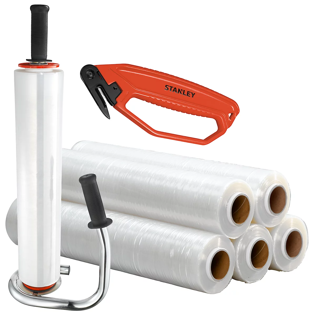 SET stretchfolie, 6 rollen stretchfolie + 1 handafroller + 1 foliesnijder GRATIS