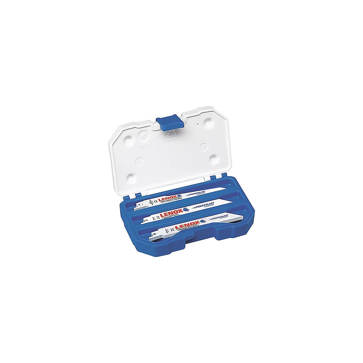 Blauwe plastic doos met witte zaagbladen; doos met Lenox Power Blast-letters.