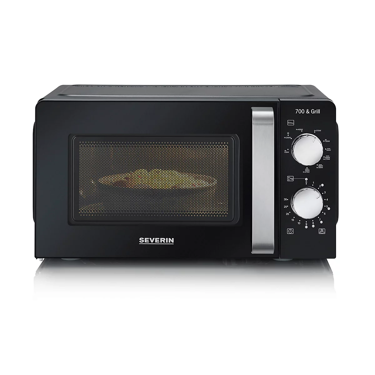 Black microwave with food inside. Silver handle and controls.