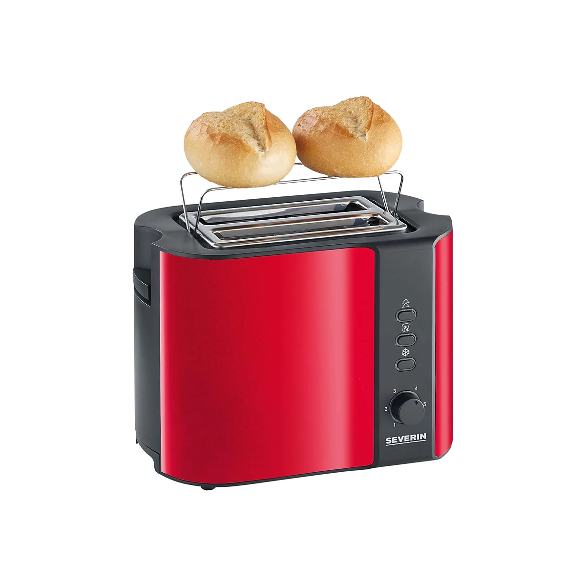 Roter Severin Toaster mit Brötchenaufsatz und zwei aufgebackenen Brötchen vor weißem Hintergrund.