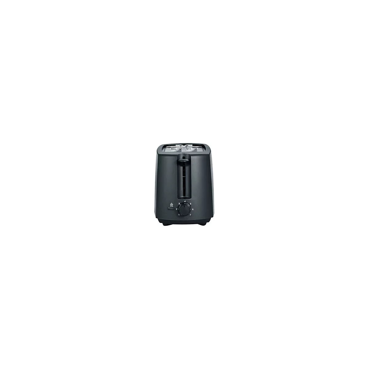 Schwarzer Toaster in Frontalansicht mit Bräunungsregler und Hebel auf weißem Hintergrund.