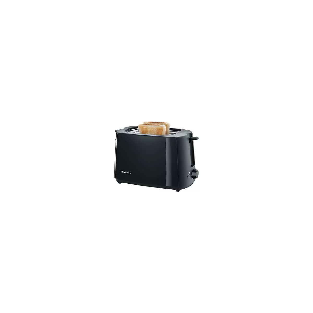 Schwarzer Severin Toaster mit zwei gebräunten Brotscheiben vor weißem Hintergrund.