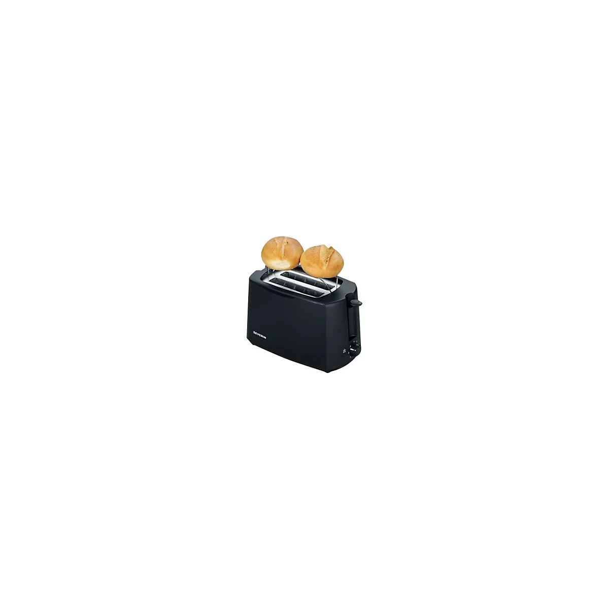 Schwarzer Severin-Toaster mit Brötchenaufsatz und zwei goldbraunen Brötchen vor weißem Hintergrund.