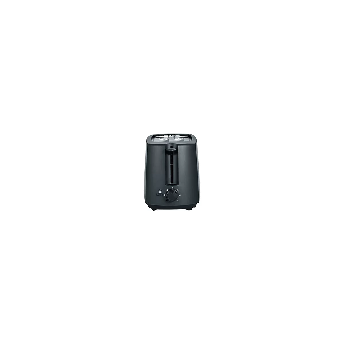 Schwarzer Toaster in moderner Form mit Drehregler für die Bräunungsstufen auf weißem Hintergrund.