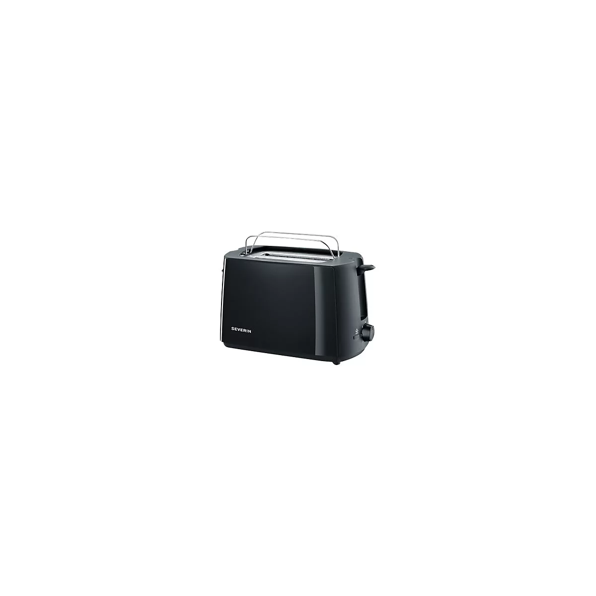 Schwarzer SEVERIN Toaster mit Brötchenaufsatz vor weißem Hintergrund.