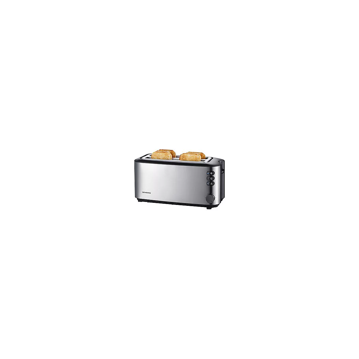 Edelstahl-Langschlitztoaster von SEVERIN mit zwei goldbraun getoasteten Brotscheiben vor weißem Hintergrund.