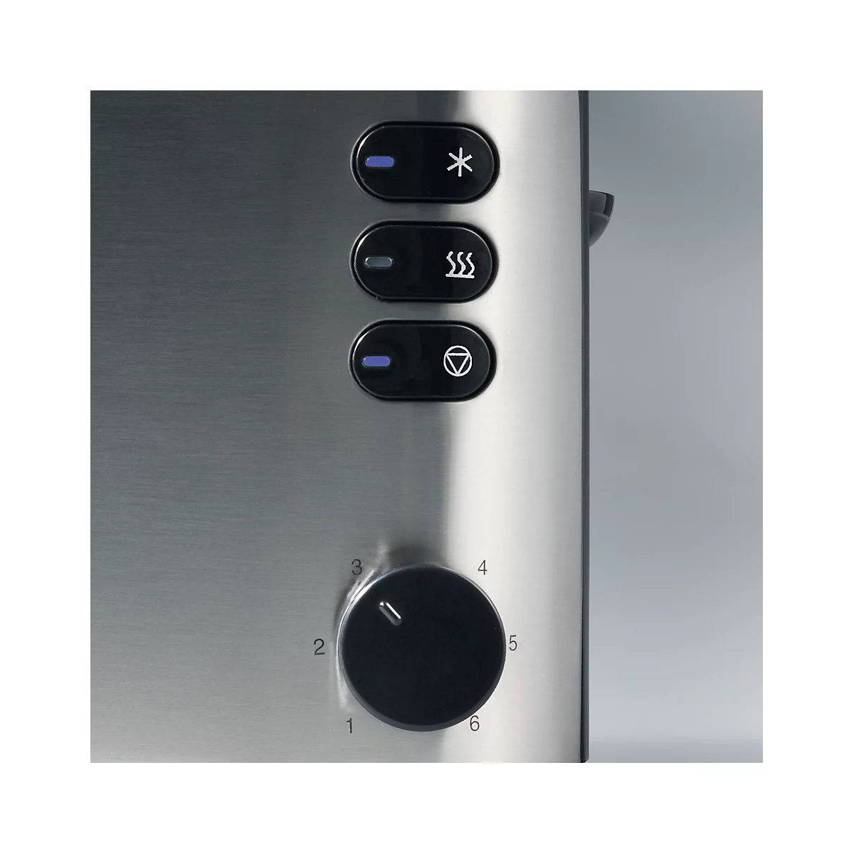 Close-up of a toaster with a stainless steel look. Control buttons: defrost, reheat, browning degree rotary knob.