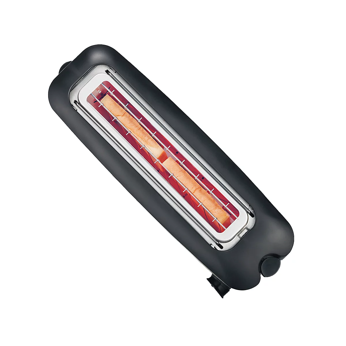 Black toaster with two slices of bread inside. The roasting compartment glows red.