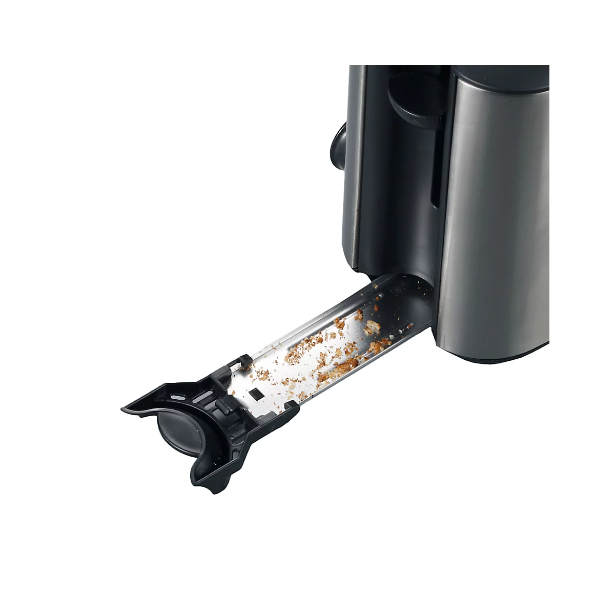 Close-up of a toaster with the crumb tray open and full of crumbs. The toaster is stainless steel and black.