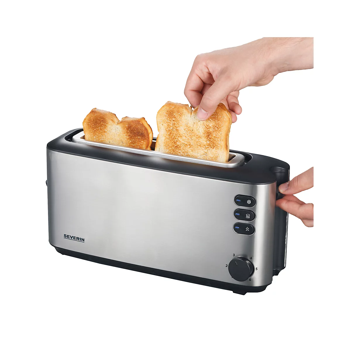 A silver toaster with two slices of toast. One hand is removing a slice, another is operating the device.
