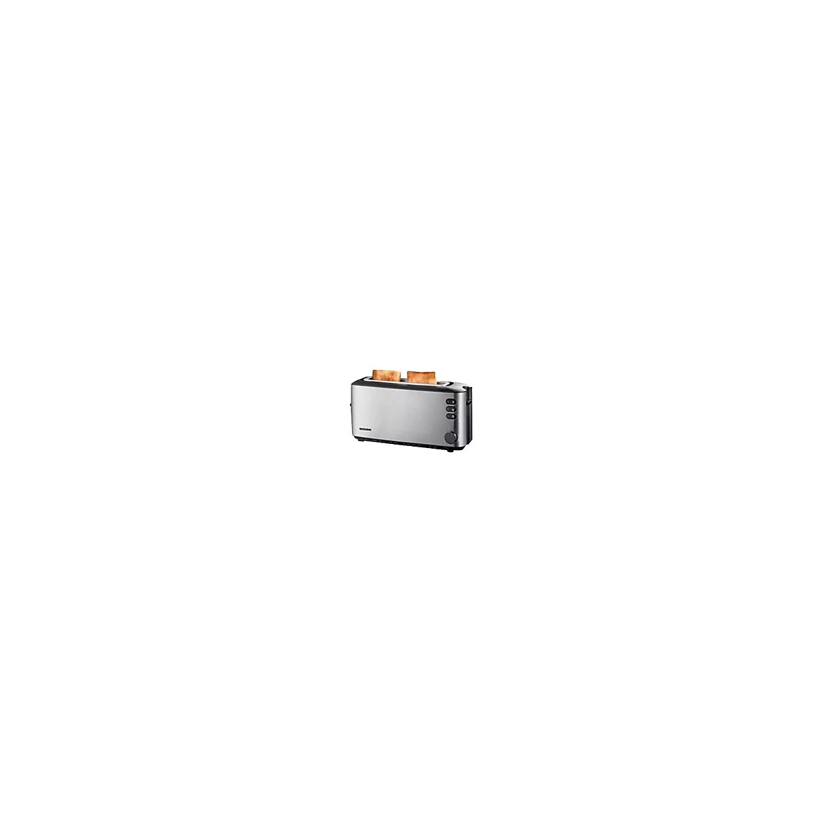 Edelstahl-Langschlitztoaster mit zwei gebräunten Brotscheiben vor weißem Hintergrund.