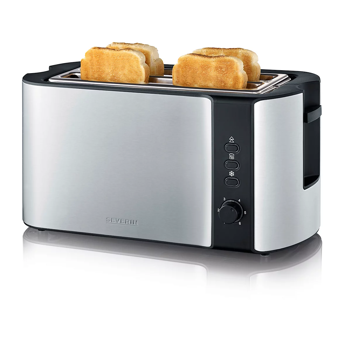 A silver toaster with four slices of toast. On the side are controls and a rotary knob.