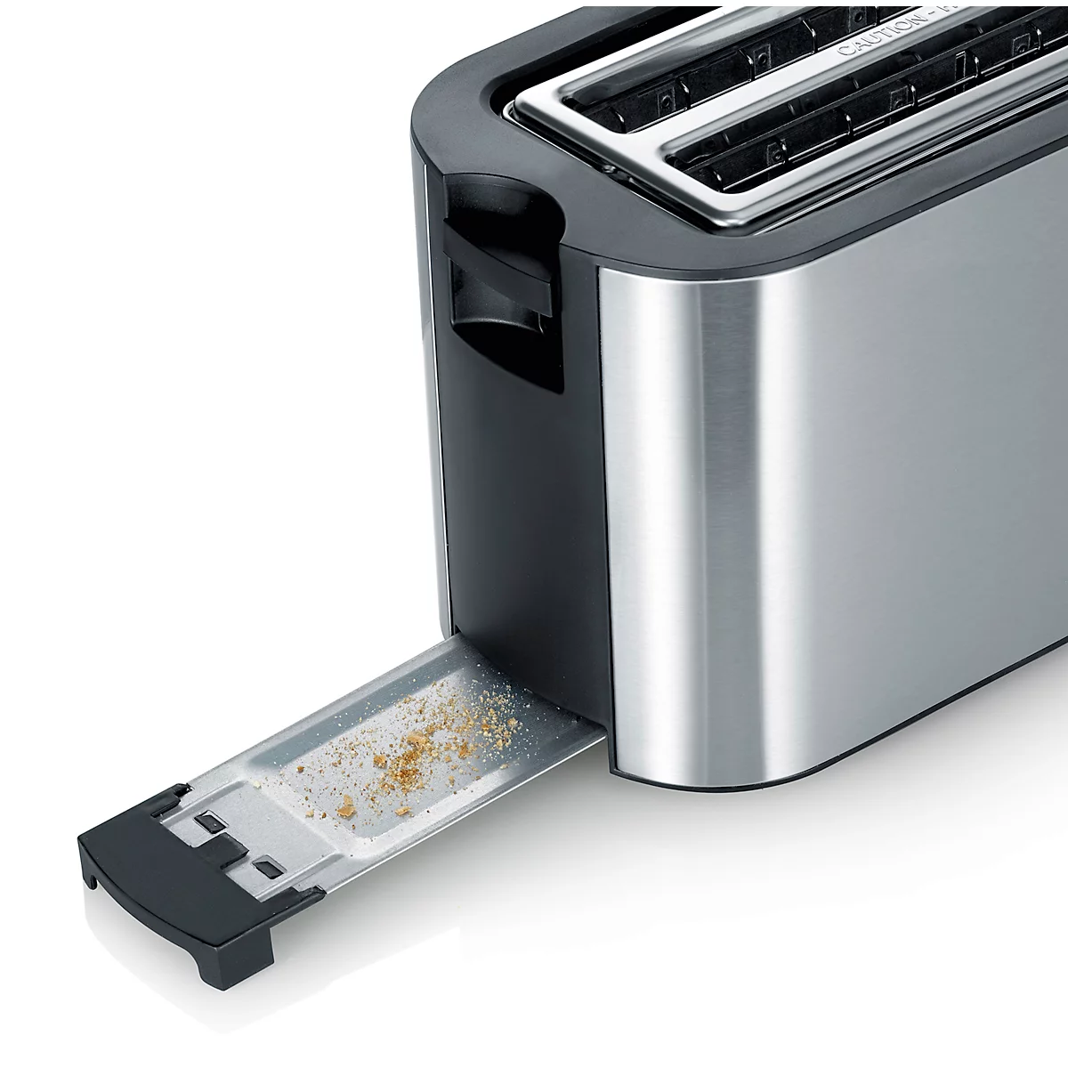 Close-up of a silver toaster with the crumb tray open. Bread crumbs are visible inside.