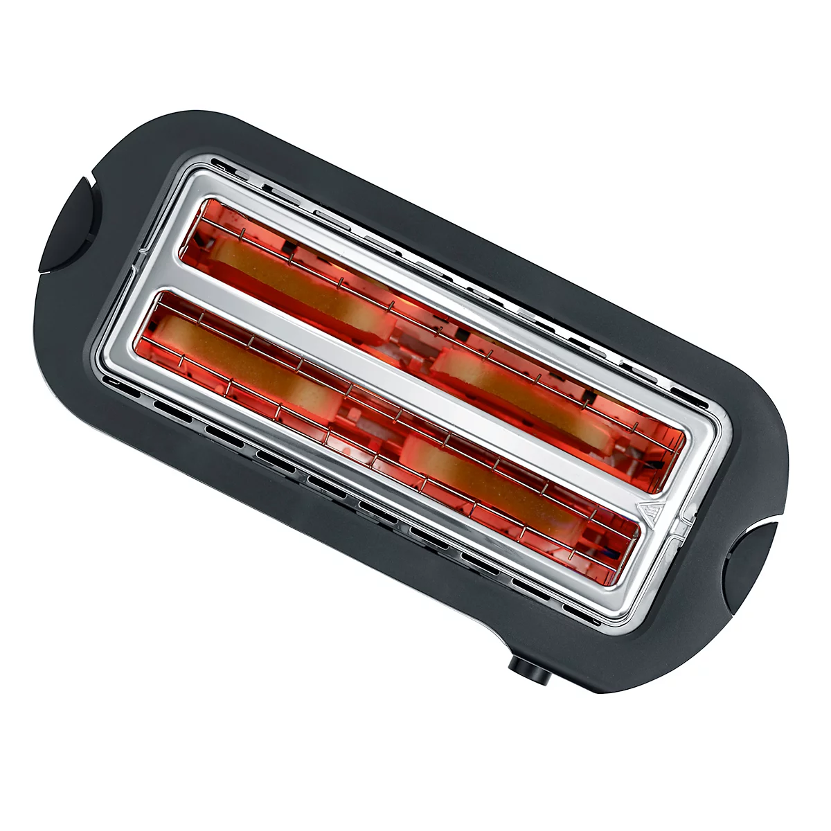 A black toaster from above. Inside, the heating coils are glowing red.