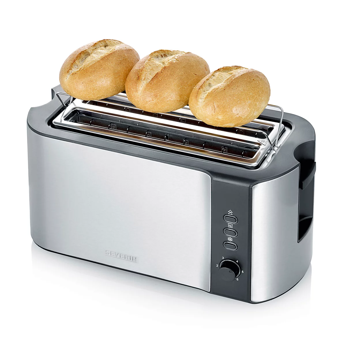 Silver long slot toaster with three rolls. Controls, silver front. Black edge and rotary control.
