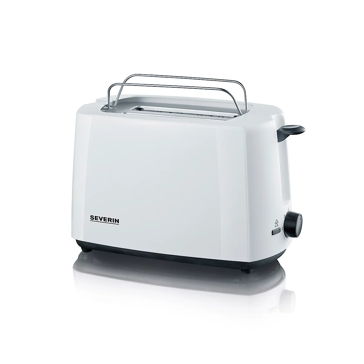 White toaster with silver top and rotary control. The device reads "Severin" in black lettering.