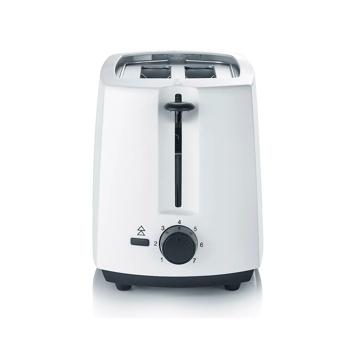 White toaster with a knob and ejection lever on the front. The toaster has two slots and stands on a black base.