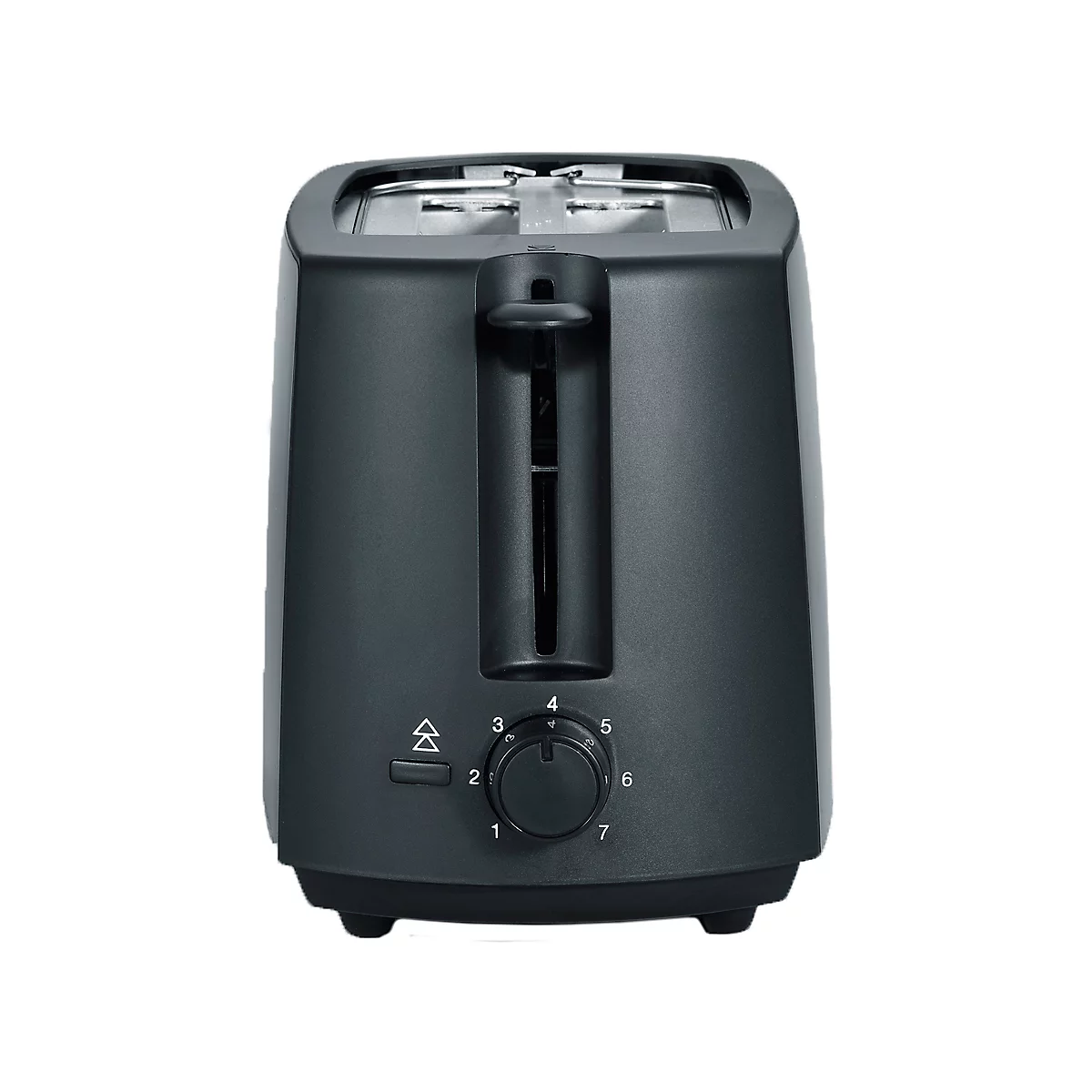 Black toaster, front view. Two slots, rotary knob with numbers from 1-7, button.