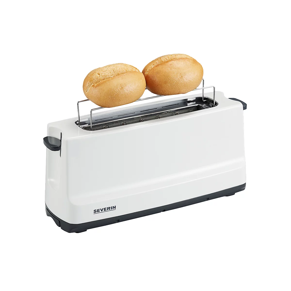 Weisser Toaster mit zwei Brötchen, Marke Severin. Das Gerät steht auf einer schwarzen Basis.