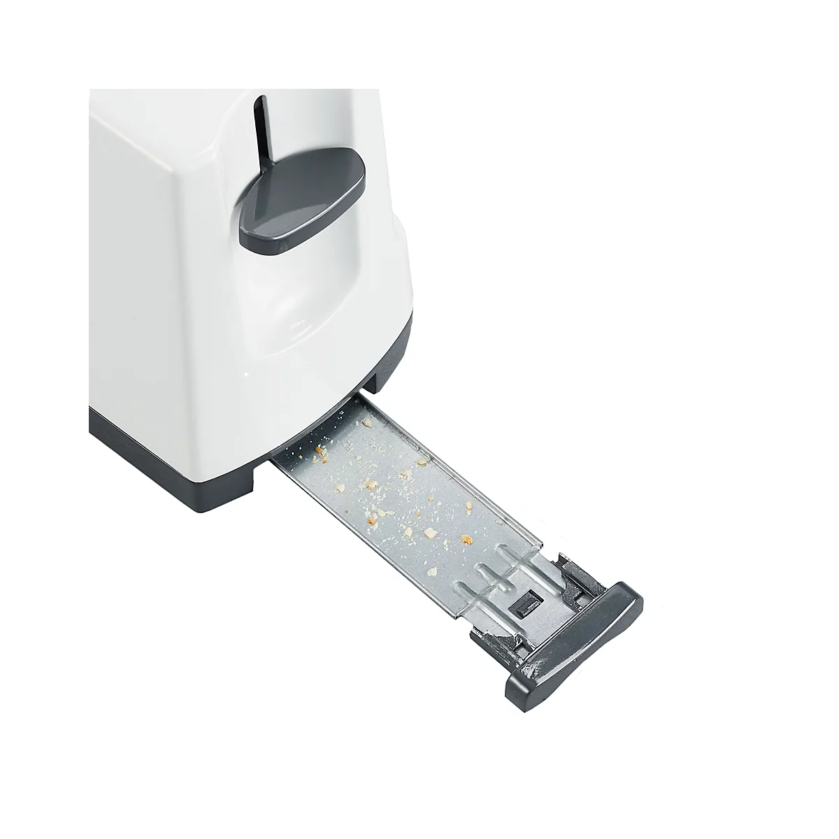 Nahaufnahme eines weissen Toasters mit geöffneter Krümelschublade; Krümel liegen darin. Die Schublade ist aus Metall.