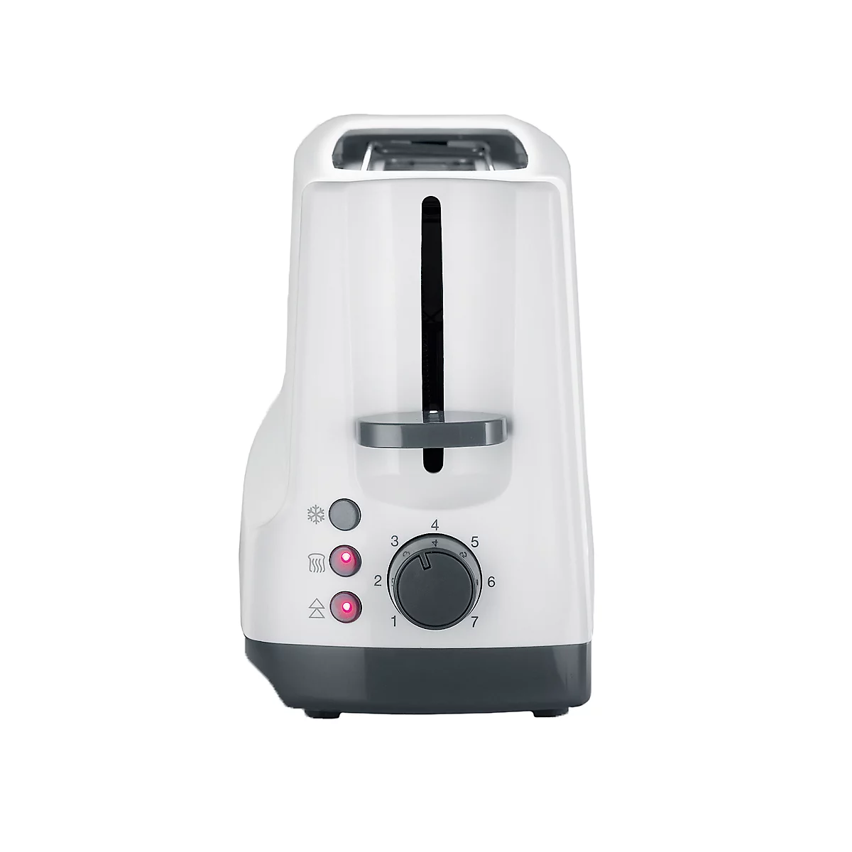 Weisser Toaster, graue Bedienelemente, Drehregler für Bräunungsstufen. Rote Kontrollleuchten.
