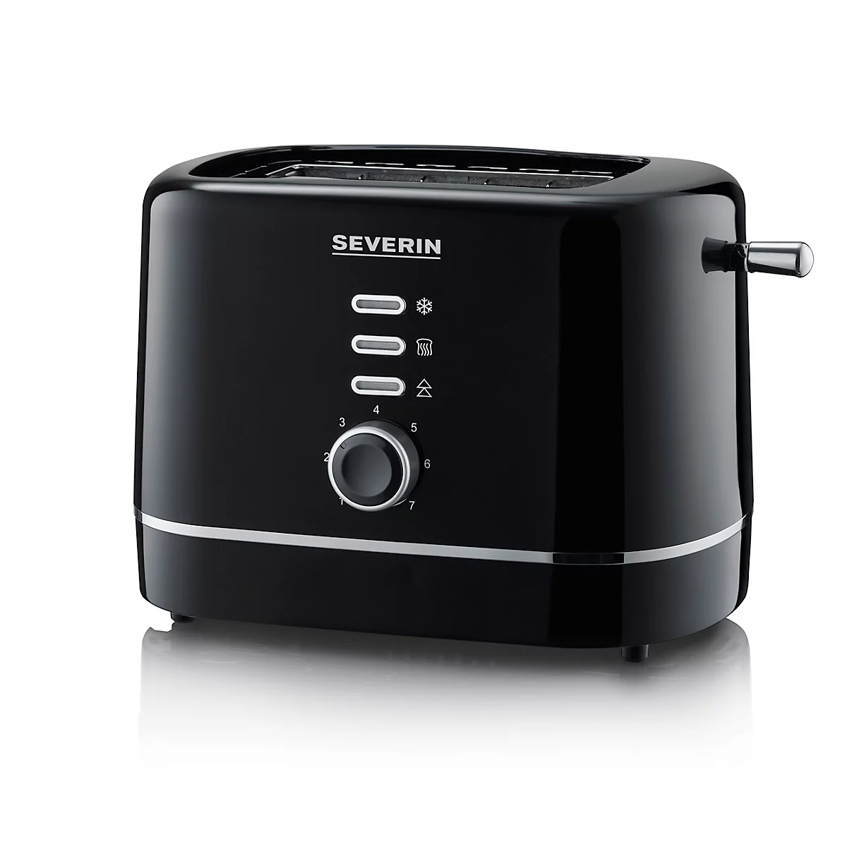 Schwarzer Toaster mit "SEVERIN"-Logo, Bedienknöpfen und Hebel.