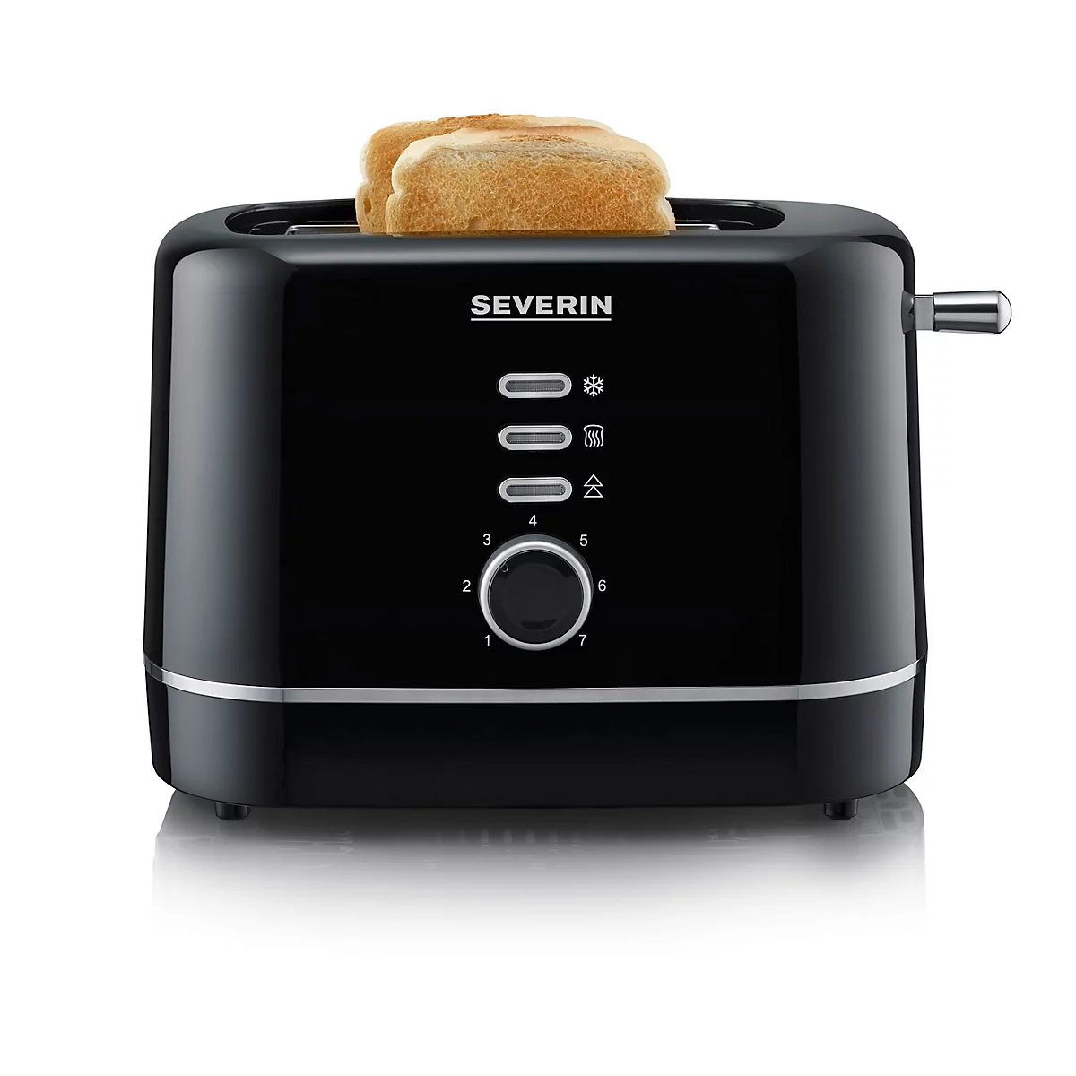 Schwarzer Toaster mit zwei Toastscheiben. Die Marke "SEVERIN" ist sichtbar. Auf der Bedienoberfläche sind Symbole und eine Bräunungsstufenregelung.