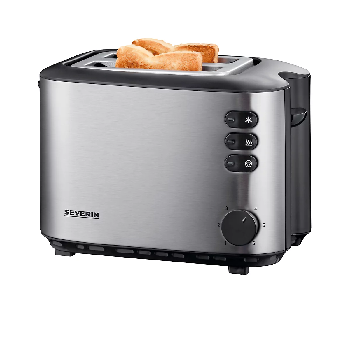 Ein Toaster mit zwei Toastbrotscheiben. Das Gerät hat ein silbernes Gehäuse mit schwarzen Bedienelementen und der Aufschrift SEVERIN.