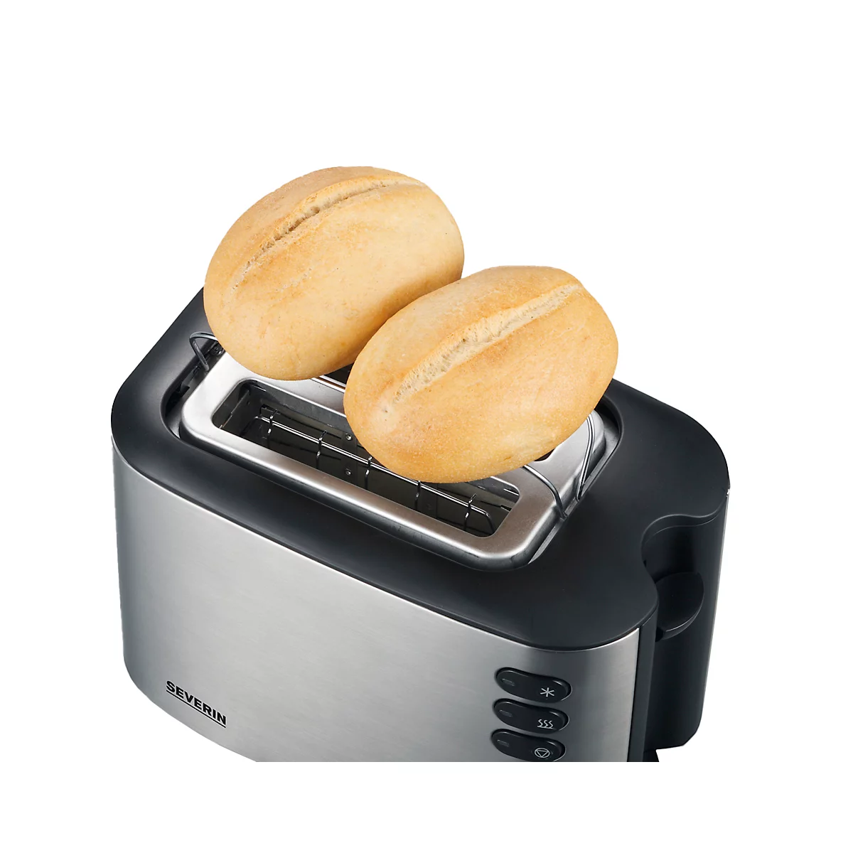 Zwei Brötchen auf einem Toaster aus gebürstetem Metall. Der Toaster ist eingeschaltet.