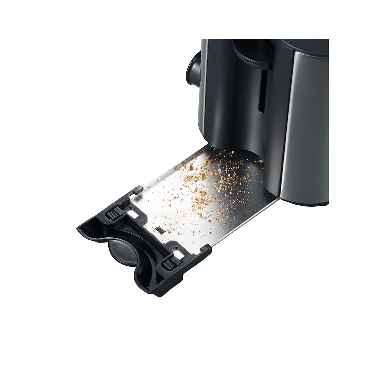 Nahaufnahme eines Toasters mit herausgezogener Krümelschublade. Die Schublade ist mit Brotkrümeln bedeckt.