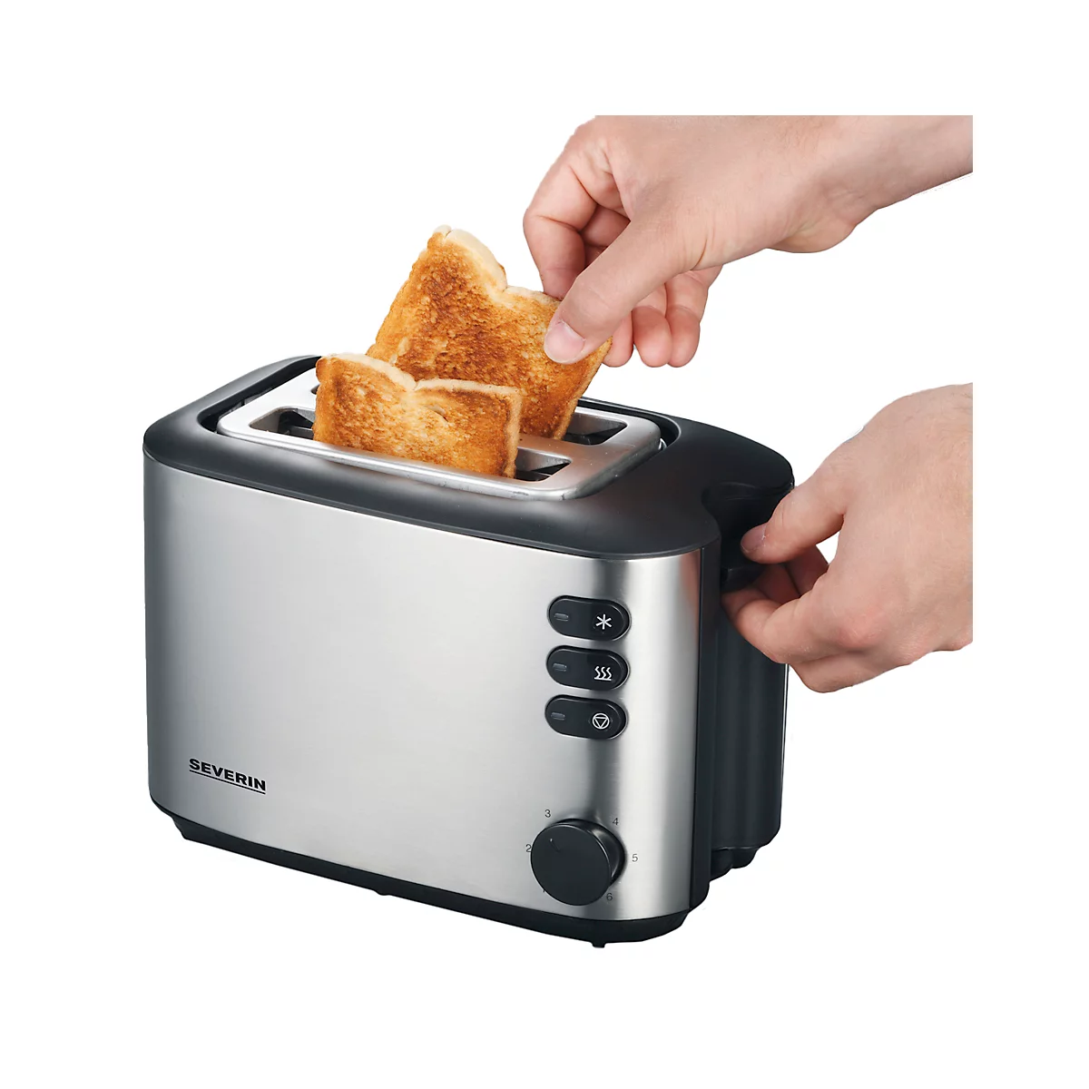 Ein silberner Toaster mit herausspringenden Toastscheiben. Eine Hand entnimmt eine goldbraune Scheibe.