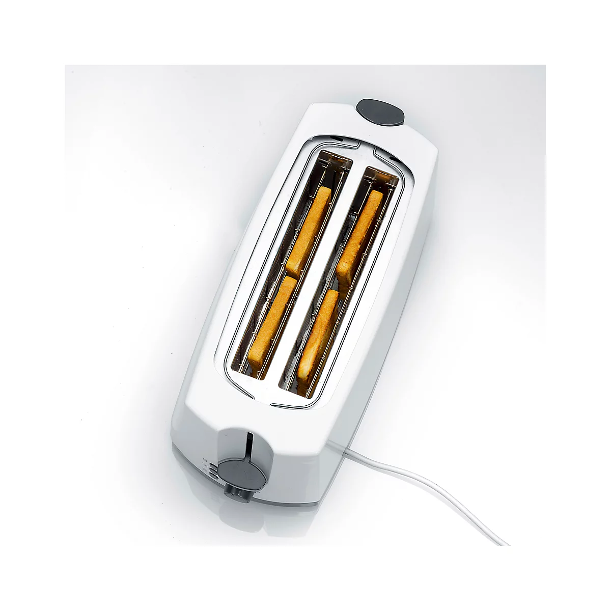 Weißer Toaster mit Toastscheiben, Kabel, Drehregler und zwei Toastschlitzen.