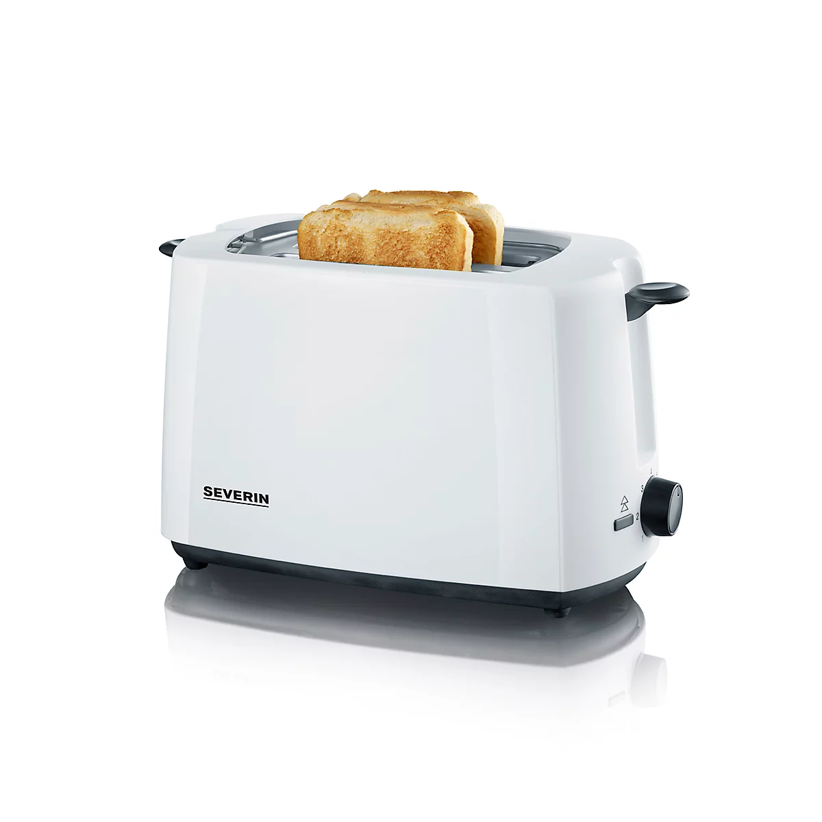 Weisser Toaster mit zwei Toastscheiben, die aus den Schlitzen ragen. Aufschrift: SEVERIN.