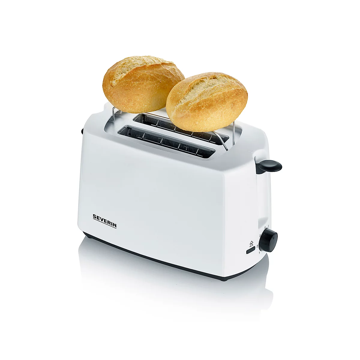 Weisser Toaster mit zwei Brötchen. Auf dem Toaster steht der Schriftzug "SEVERIN".