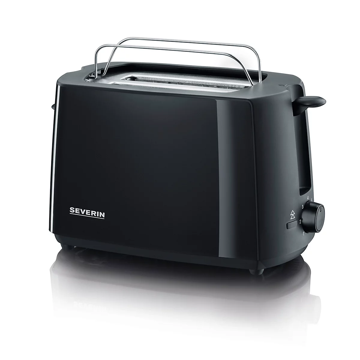 Schwarzer Toaster mit silbernen Hebevorrichtungen und Bedienrädern, isoliert auf weißem Hintergrund. Der Schriftzug 'SEVERIN' ist sichtbar.