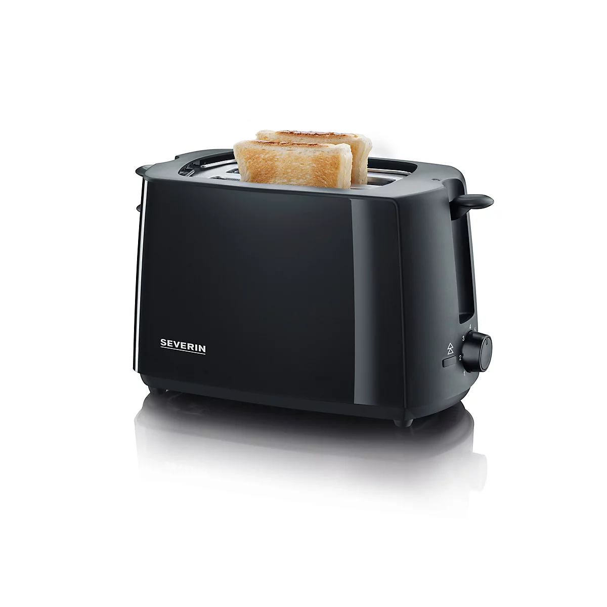 Schwarzer Toaster mit zwei Toastbrotscheiben, Marke Severin. Drehregler rechts, Logo links.