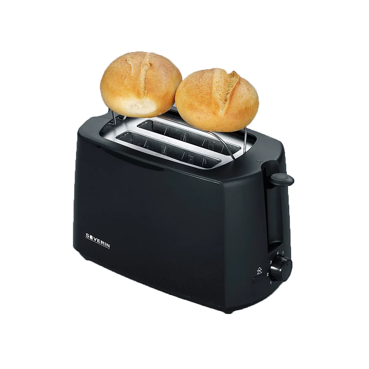 Schwarzer Toaster mit zwei Brötchen darauf. Drehregler und Markenlogo „Severin“ sichtbar.
