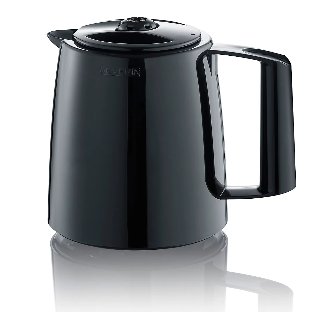 Cafetière isotherme noire brillante avec couvercle et poignée. L'inscription SEVERIN est visible.