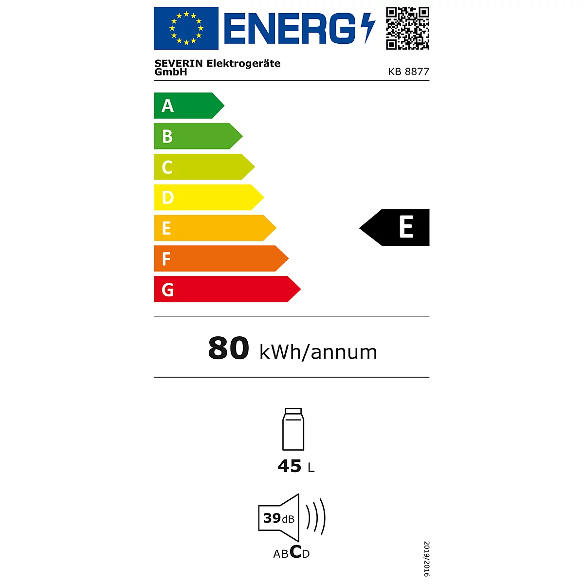 Energielabel van Severin met energie-efficiëntieklasse E en informatie over energieverbruik, geluidsniveau en capaciteit.