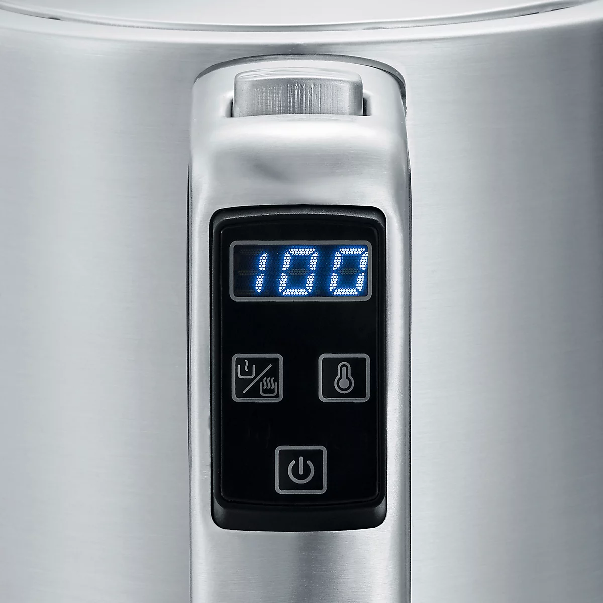 Close-up of a kettle. The number 100 glows blue on a black control panel. Below, symbols for functions.