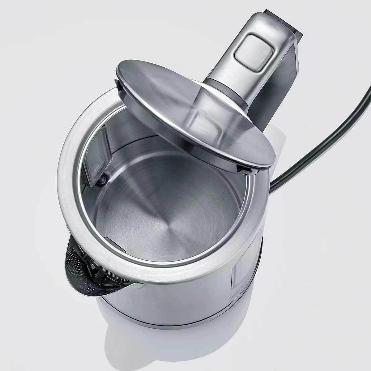 Stainless steel kettle with the lid open, interior view. Handle and power cord visible.