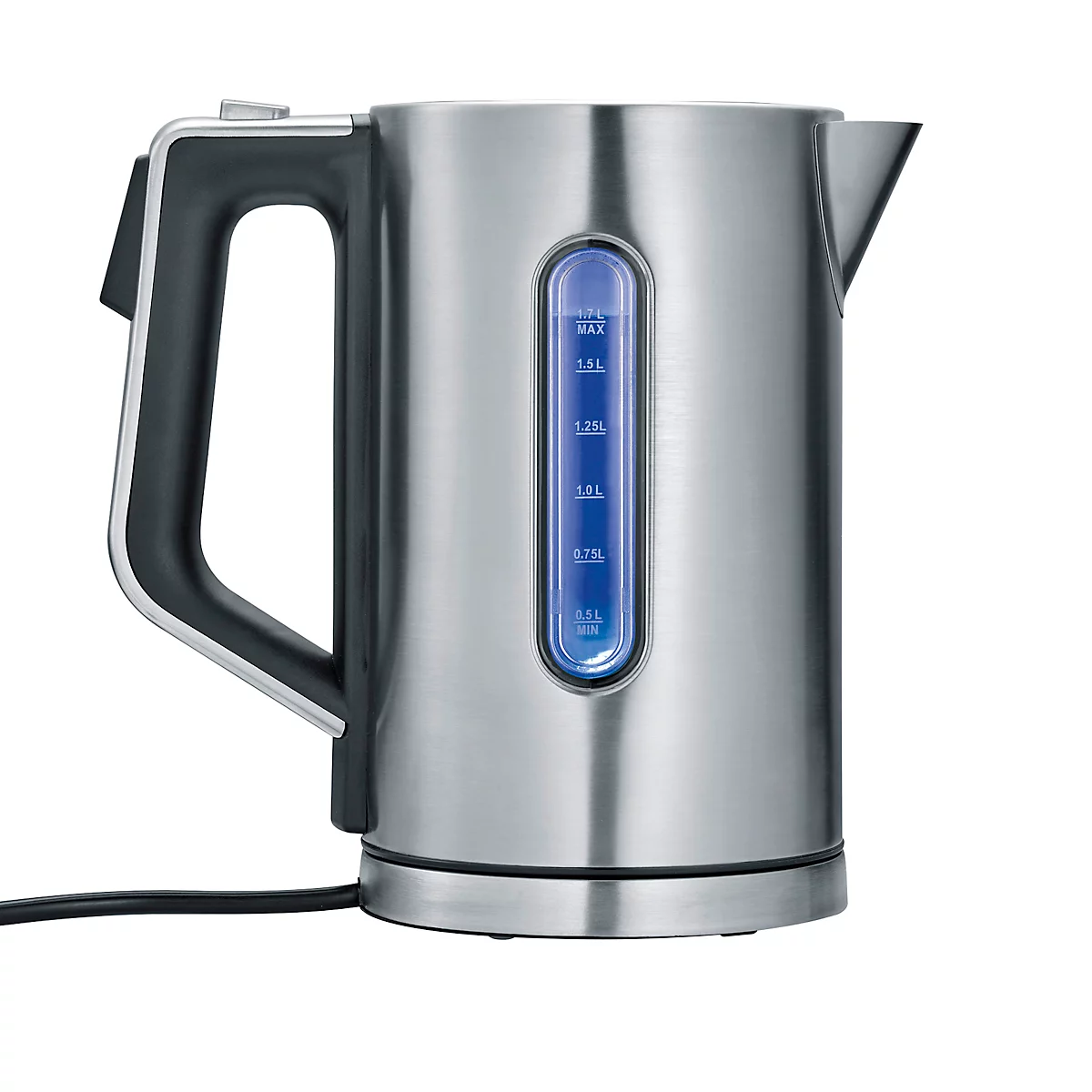 Edelstahl-Wasserkocher mit blau leuchtender Wasserstandsanzeige. Schwarzer Griff und Ausguss. Auf weißem Hintergrund.