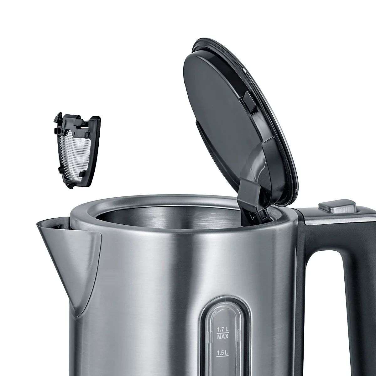Nahaufnahme eines Wasserkochers. Der Deckel ist geöffnet, daneben liegt der Filter.