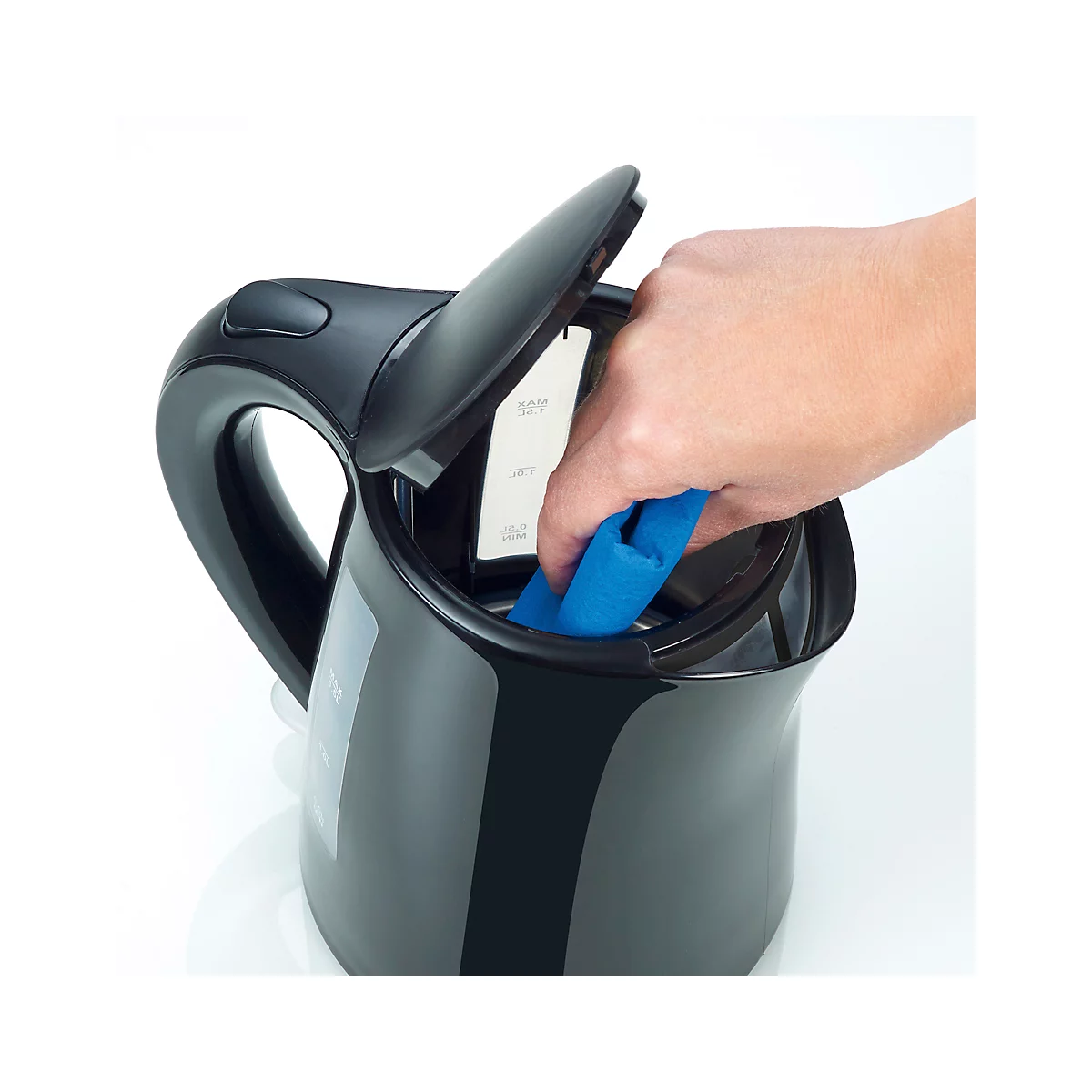 Hand cleaning the kettle, lid open. A blue cloth inside, water level indicator visible.
