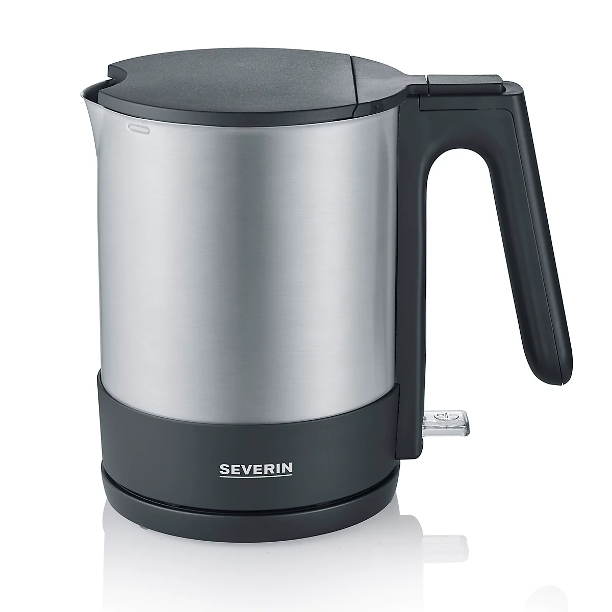 An electric kettle made of stainless steel. The kettle has a black handle, lid and base, the SEVERIN logo is printed.