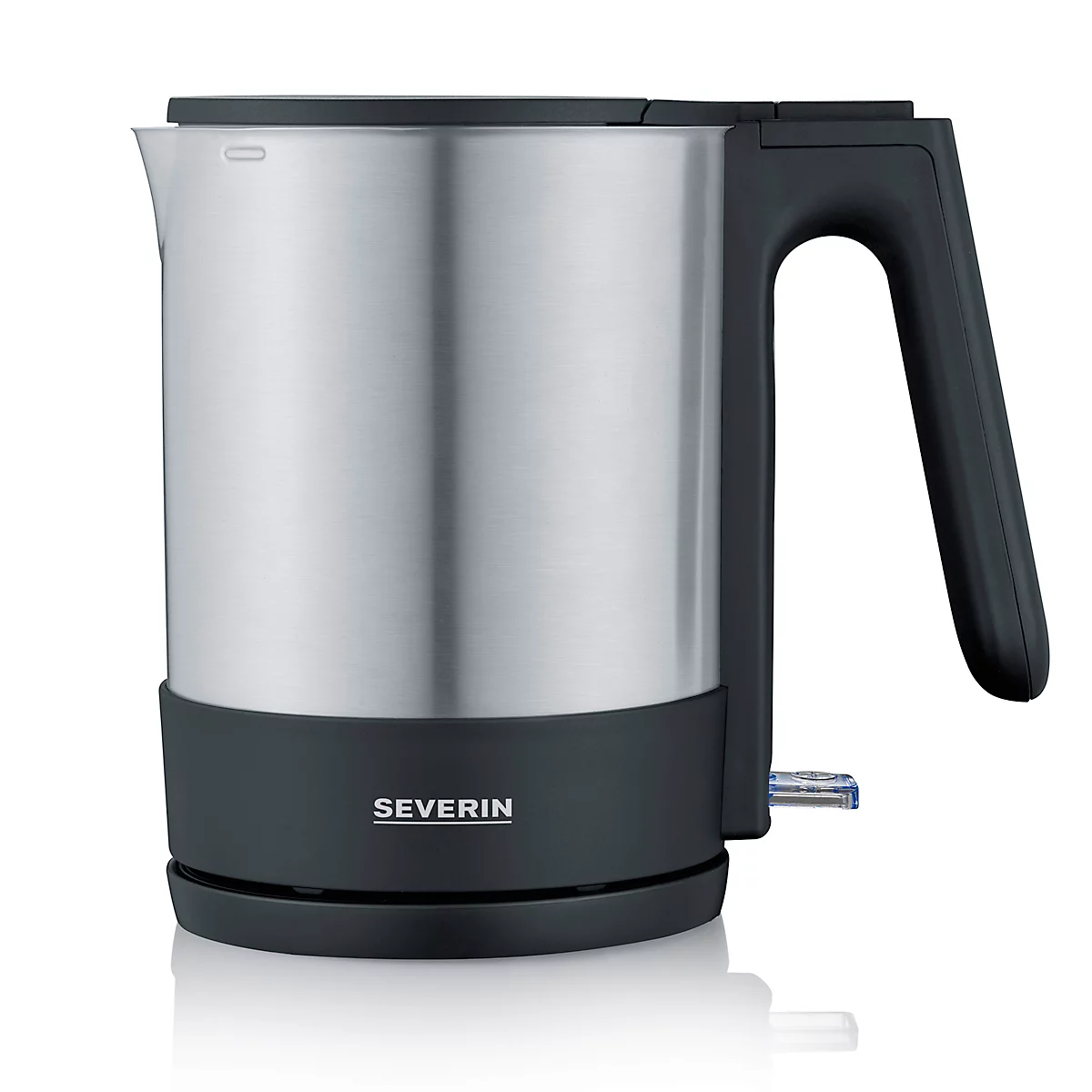 Stainless steel kettle, black and gray. The handle is black, as is the base. Inscription: SEVERIN.
