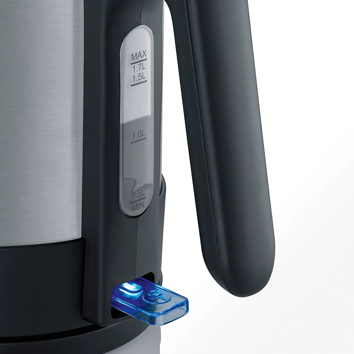 Close-up of a kettle. Water level indicator with labels, on/off switch glows blue.