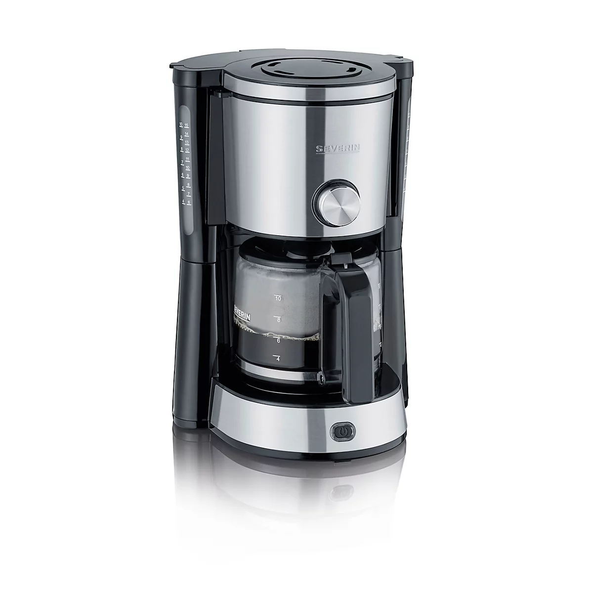 Kaffeemaschine in Schwarz und Silber. Glaskanne mit Pegelanzeige. Herstellername und Knopf.