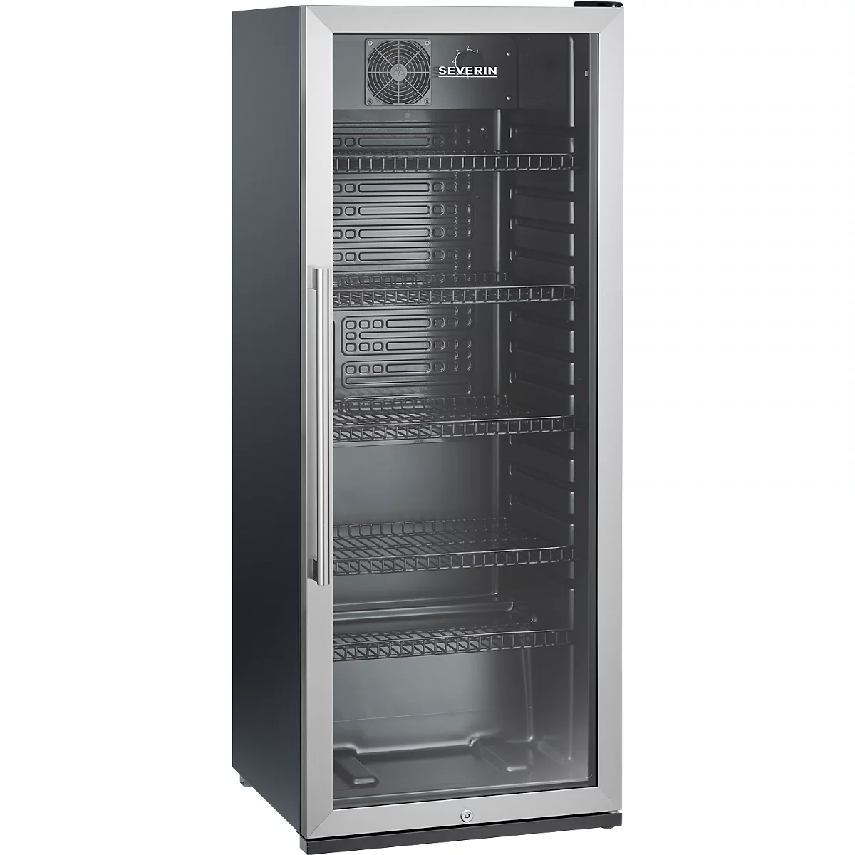 Edelstahl-Getränkekühlschrank mit Glasfront. Innenraum mit mehreren Regalen. Oben ist ein Lüfter und das Logo "SEVERIN" zu sehen.
