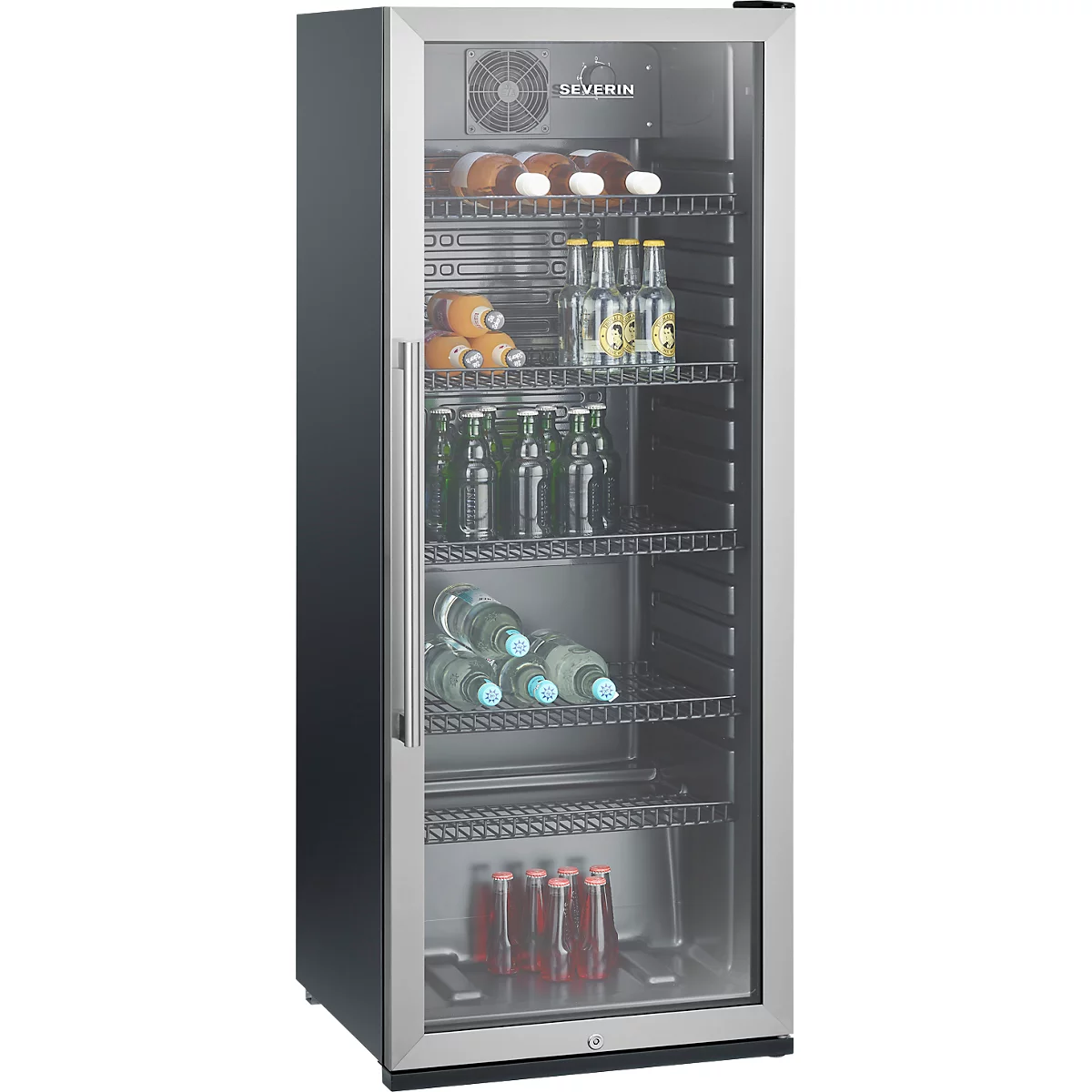 Ein Getränkekühlschrank mit Glasfront. Er enthält Flaschen verschiedener Getränke. Oben steht das Logo "SEVERIN".